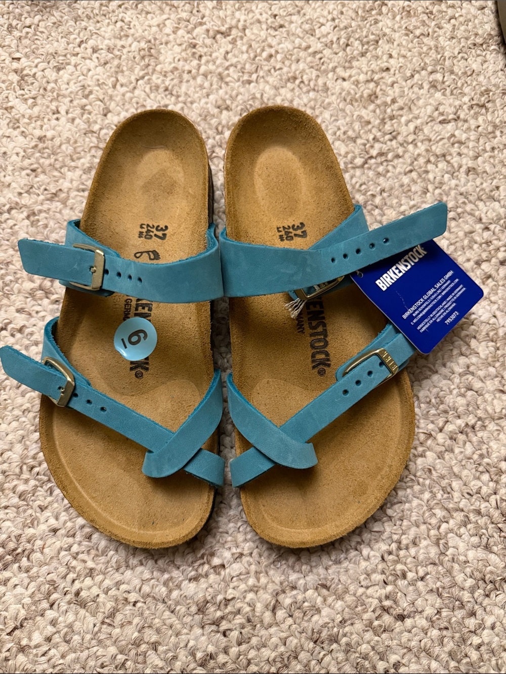Birkenstock Turquoise Blue Leather Two-Strap Sandals